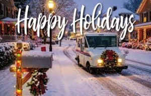 #2600PCG - Mail Truck Wreath “Happy Holidays” Postcard